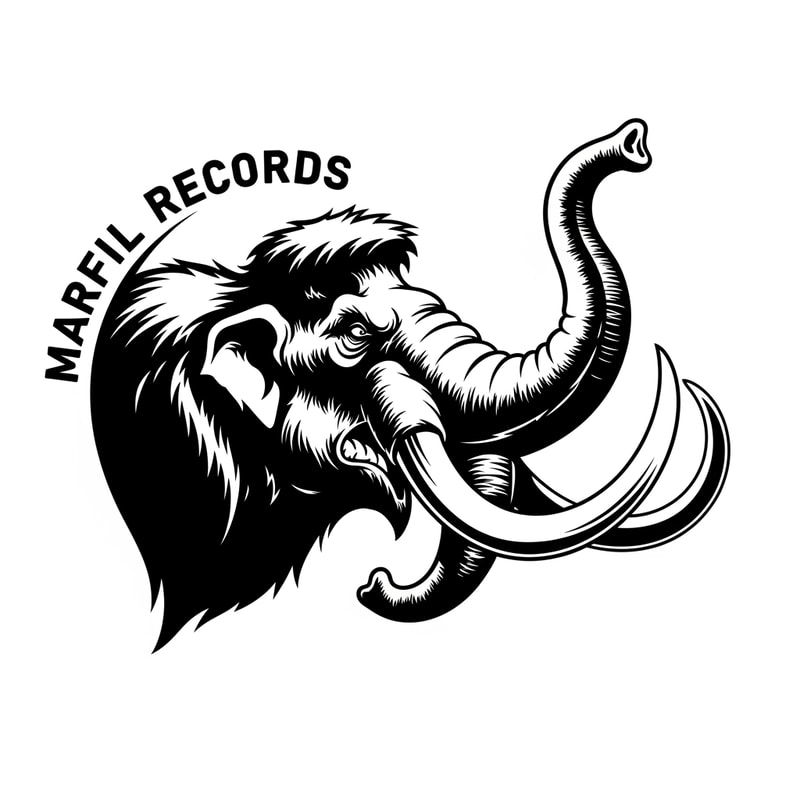 please, could you create a logo black and white for a brand called: "Marfil records" and put it in a head of a angry mammunt with the trunk held high watched iin like he's in movement.