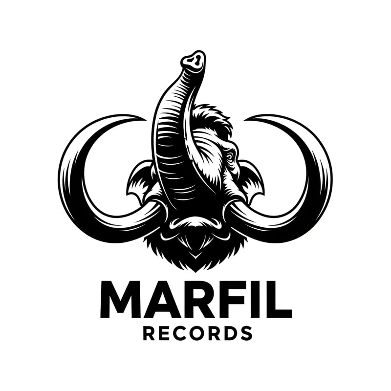 please, could you create a logo black and white for a brand called: "Marfil records" and put it in a head of a angry mammunt with the trunk held high watched iin prespective.