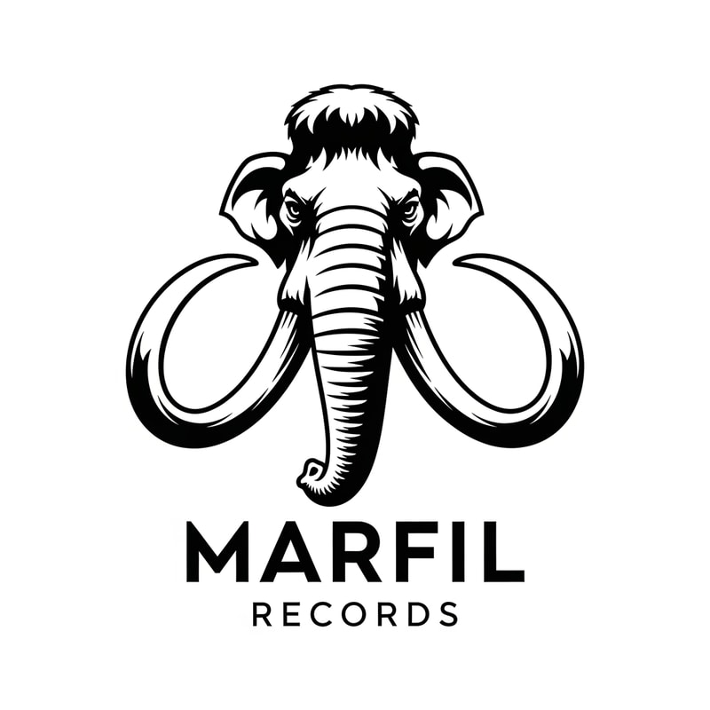 please, could you create a logo black and white for a brand called: "Marfil records" and put it in a head of a mammunt watched from front wiev