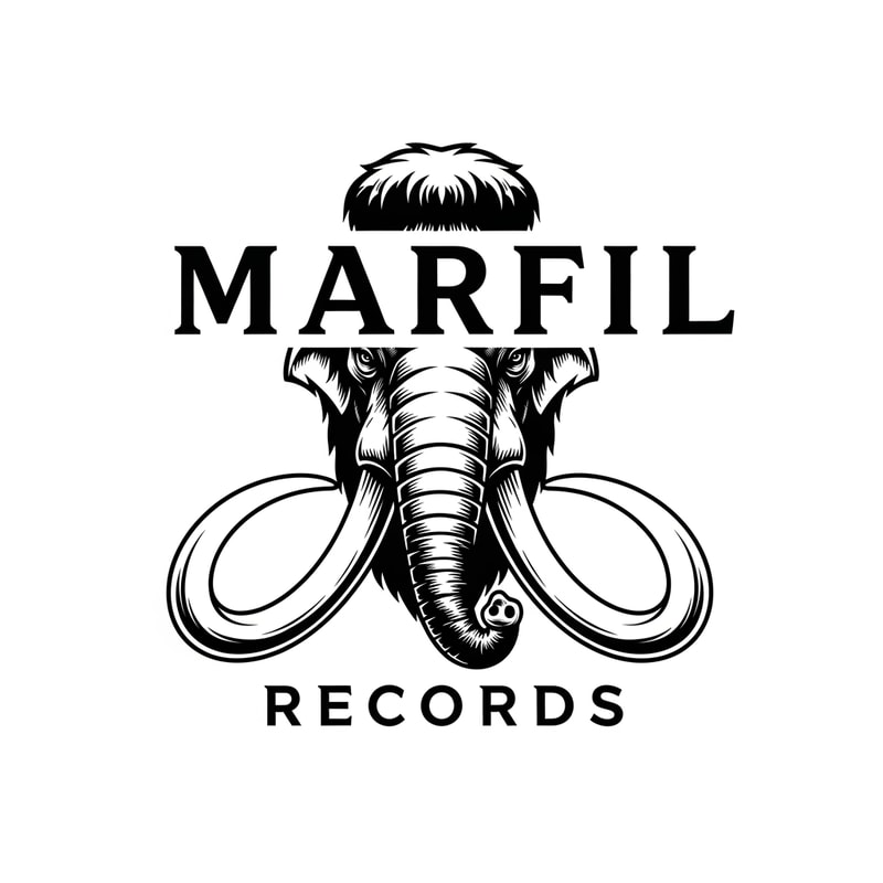 please, could you create a logo black and white for a brand called: "Marfil records" and put it in a head of a mammunt watched from front wiev