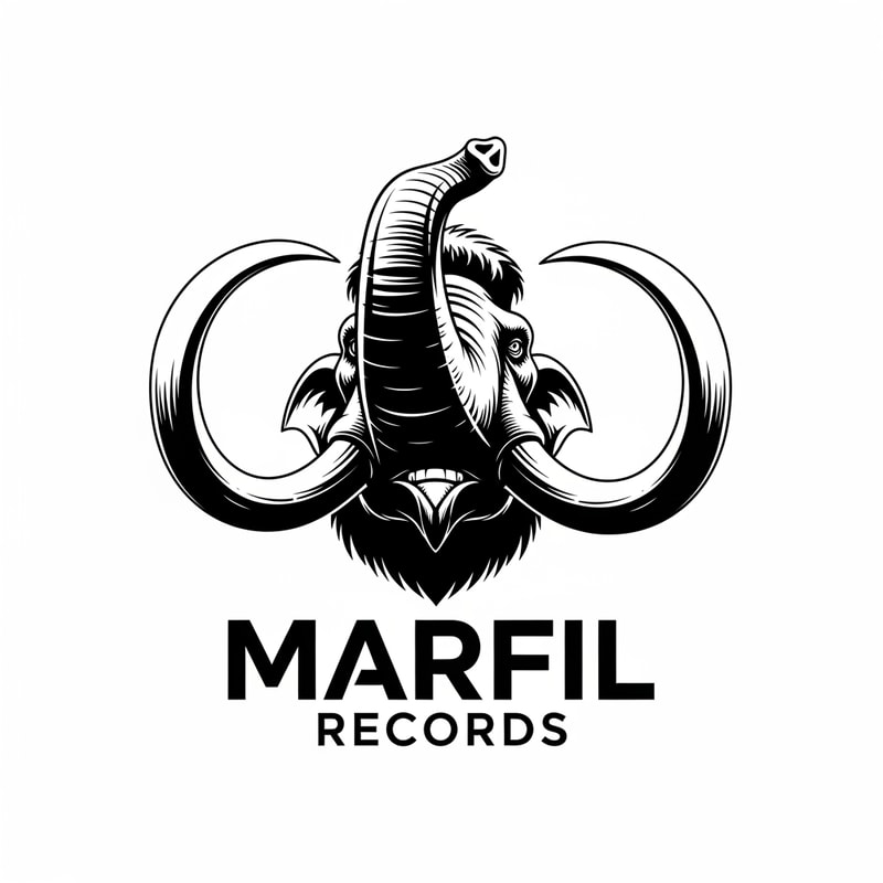 please, could you create a logo black and white for a brand called: "Marfil records" and put it in a head of a angry mammunt with the trunk held high watched iin prespective.