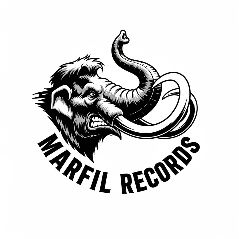 please, could you create a logo black and white for a brand called: "Marfil records" and put it in a head of a angry mammunt with the trunk held high watched iin like he's in movement.