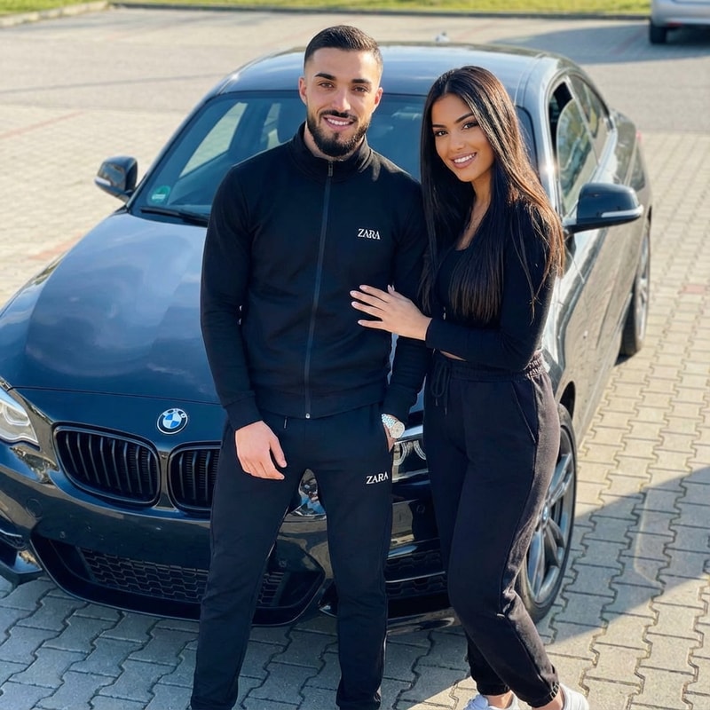 Szerkeszd meg ezt a képet úgy hogy 1 BMW előtt álok fekete szinben zara melegitőben Latin nő álljon mellettem és az arcom teljes mértékben ugyan olyan legyen mint az eredeti képen