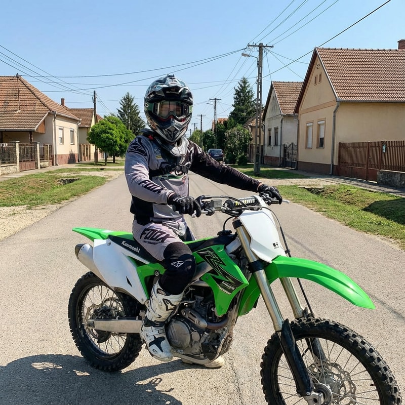 Szerkeszd meg ezt a képet úgy hogy ülök 1 crossmotoron Komádi városában. Élethü legyen és a sisak legyen rajtam