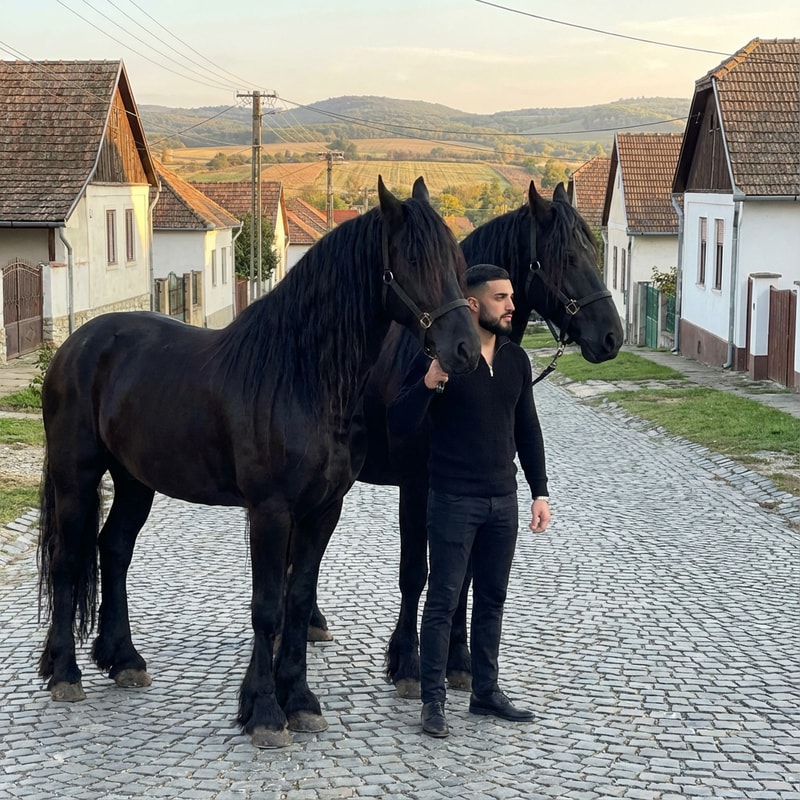 Szerkeszd meg ezt a képet úgy hogy állok 2 freez ló mellet Magyország- Komádi városában sokkal távolabbról legyen fotózva és ilyen oldalas legyen