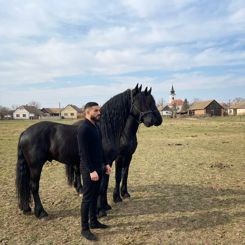 Szerkeszd meg ezt a képet úgy hogy állok 2 freez ló mellet Magyország- Komádi városában sokkal távolabbról legyen fotózva és ilyen oldalas legyen