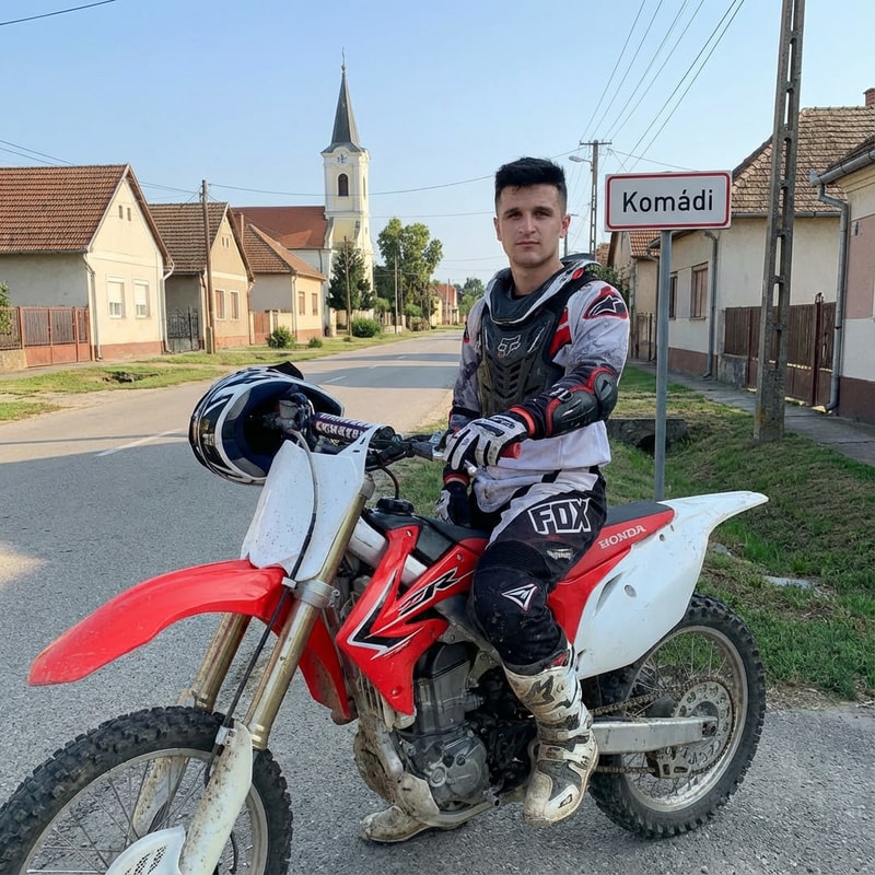 Szerkeszd meg ezt a képet úgy hogy ülök 1 crossmotoron Komádi városában