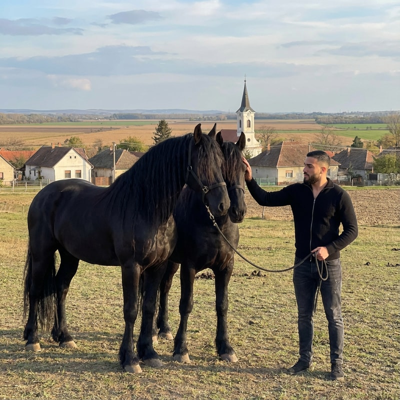 Szerkeszd meg ezt a képet úgy hogy állok 2 freez ló mellet Magyország- Komádi városában sokkal távolabbról legyen fotózva