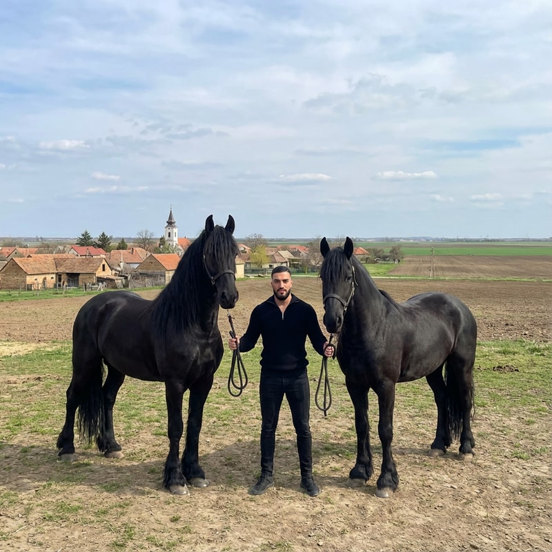 Szerkeszd meg ezt a képet úgy hogy állok 2 freez ló mellet Magyország- Komádi városában sokkal távolabbról legyen fotózva