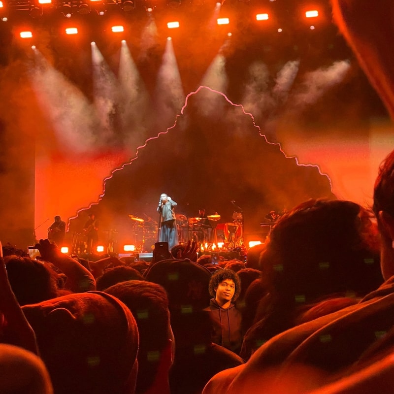quiero que el chico de la segunda foto que esta en el medio salga en la primera foto entre las personas mirando a la cámara y en pequeño sin cambiar caras ni nada.