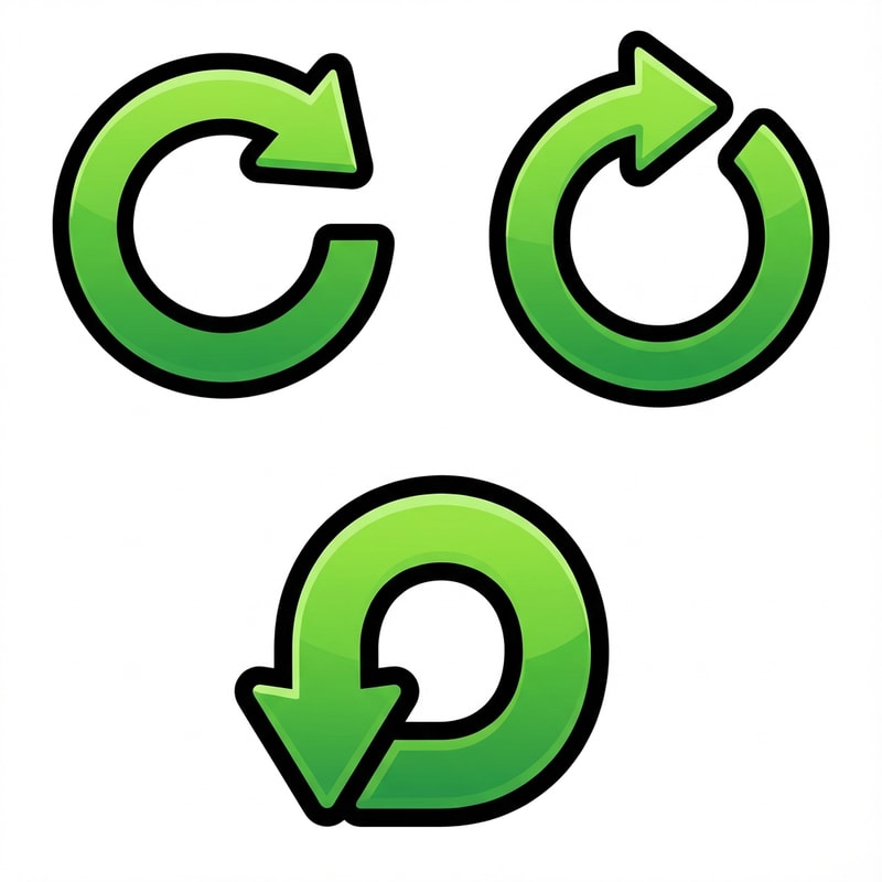 Create three separate retry buttons. cartoonish with no square or circle and no text no advanced graphics its meant to be simple dont make it glossy just make it obvious its a retry button also make it green

The attached image represents the overall artistic style and aesthetic. Use it as a reference for visual consistency and design language. Do not replicate these images directly, but capture the general artistic direction and style.

General color scheme includes: #c82828, #f03c50, #505050, #dcdcdc, #8c143c

And follow these custom instructions: Create icons with a bold, modern cartoon-vector aesthetic. Use thick, clean outlines (preferably dark or black) to define shapes and provide strong contrast against vibrant fills. Maintain smooth, rounded corners and soft geometric forms—favor simplified silhouettes over intricate details.

Use a vivid, saturated color palette with high contrast between foreground and background elements. Incorporate subtle gradients and light reflections to add depth without overwhelming clarity.