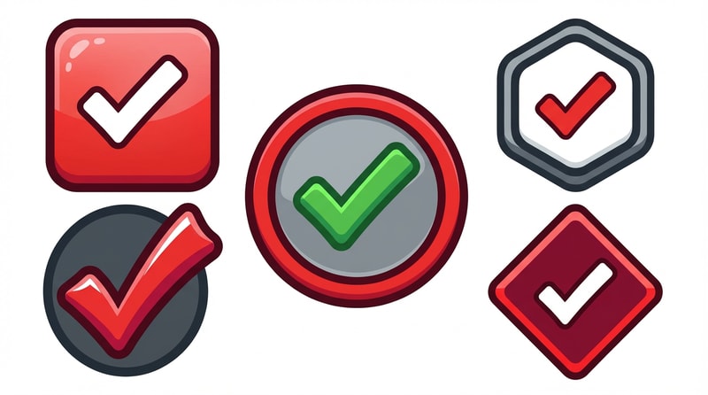 recreate 5 checkmark buttons

The attached image represents the overall artistic style and aesthetic. Use it as a reference for visual consistency and design language. Do not replicate these images directly, but capture the general artistic direction and style.

General color scheme includes: #c82828, #f03c50, #505050, #dcdcdc, #8c143c

And follow these custom instructions: Create icons with a bold, modern cartoon-vector aesthetic. Use thick, clean outlines (preferably dark or black) to define shapes and provide strong contrast against vibrant fills. Maintain smooth, rounded corners and soft geometric forms—favor simplified silhouettes over intricate details.

Use a vivid, saturated color palette with high contrast between foreground and background elements. Incorporate subtle gradients and light reflections to add depth without overwhelming clarity.