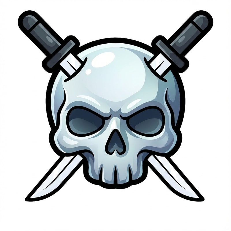 make the skull slightly more cartoonish and less realistic do not alter the appearance of the katanas also give the skull a thick black outline also make make the coloring cooler and the skull more cartoonish not just one solid color

The attached image represents the overall artistic style and aesthetic. Use it as a reference for visual consistency and design language. Do not replicate these images directly, but capture the general artistic direction and style.

General color scheme includes: #c82828, #f03c50, #505050, #dcdcdc, #8c143c

And follow these custom instructions: Create icons with a bold, modern cartoon-vector aesthetic. Use thick, clean outlines (preferably dark or black) to define shapes and provide strong contrast against vibrant fills. Maintain smooth, rounded corners and soft geometric forms—favor simplified silhouettes over intricate details.

Use a vivid, saturated color palette with high contrast between foreground and background elements. Incorporate subtle gradients and light reflections to add depth without overwhelming clarity.