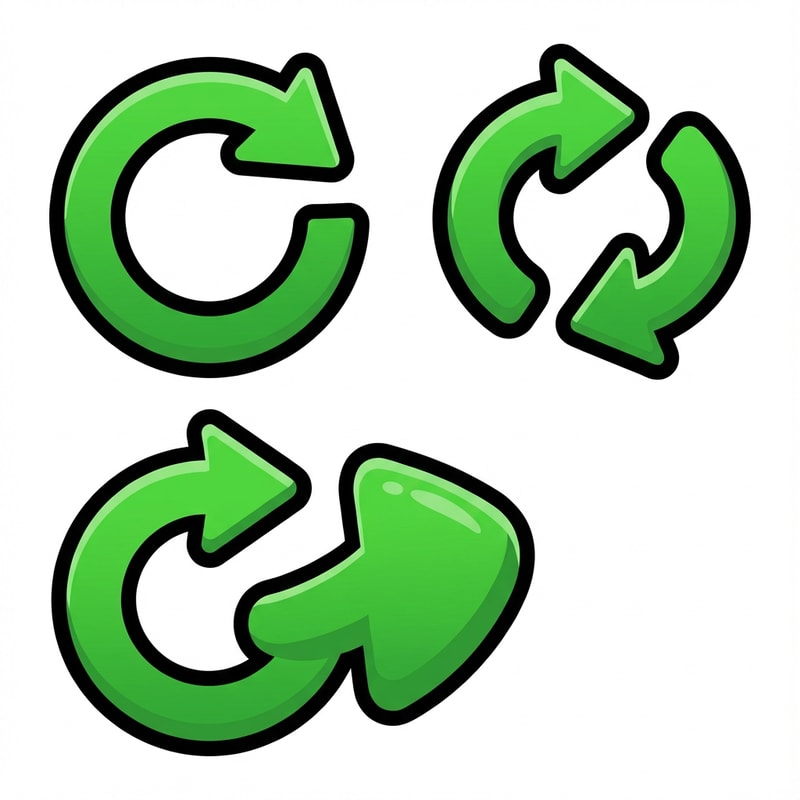 Create three separate retry buttons. cartoonish with no square or circle and no text no advanced graphics its meant to be simple dont make it glossy just make it obvious its a retry button also make it green

The attached image represents the overall artistic style and aesthetic. Use it as a reference for visual consistency and design language. Do not replicate these images directly, but capture the general artistic direction and style.

General color scheme includes: #c82828, #f03c50, #505050, #dcdcdc, #8c143c

And follow these custom instructions: Create icons with a bold, modern cartoon-vector aesthetic. Use thick, clean outlines (preferably dark or black) to define shapes and provide strong contrast against vibrant fills. Maintain smooth, rounded corners and soft geometric forms—favor simplified silhouettes over intricate details.

Use a vivid, saturated color palette with high contrast between foreground and background elements. Incorporate subtle gradients and light reflections to add depth without overwhelming clarity.