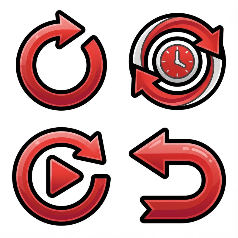 create 4 vector retry buttons with no text or boxes confining it

The attached image represents the overall artistic style and aesthetic. Use it as a reference for visual consistency and design language. Do not replicate these images directly, but capture the general artistic direction and style.

General color scheme includes: #c82828, #f03c50, #505050, #dcdcdc, #8c143c

And follow these custom instructions: Create icons with a bold, modern cartoon-vector aesthetic. Use thick, clean outlines (preferably dark or black) to define shapes and provide strong contrast against vibrant fills. Maintain smooth, rounded corners and soft geometric forms—favor simplified silhouettes over intricate details.

Use a vivid, saturated color palette with high contrast between foreground and background elements. Incorporate subtle gradients and light reflections to add depth without overwhelming clarity.