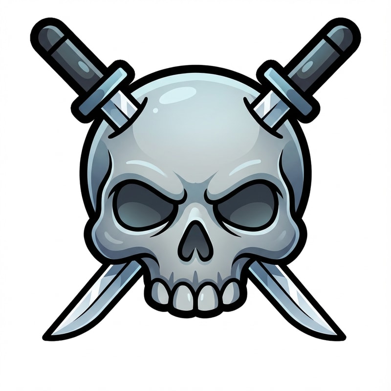 make the skull slightly more cartoonish and less realistic do not alter the appearance of the katanas also give the skull a thick black outline also make make the coloring cooler and the skull more cartoonish not just one solid color

The attached image represents the overall artistic style and aesthetic. Use it as a reference for visual consistency and design language. Do not replicate these images directly, but capture the general artistic direction and style.

General color scheme includes: #c82828, #f03c50, #505050, #dcdcdc, #8c143c

And follow these custom instructions: Create icons with a bold, modern cartoon-vector aesthetic. Use thick, clean outlines (preferably dark or black) to define shapes and provide strong contrast against vibrant fills. Maintain smooth, rounded corners and soft geometric forms—favor simplified silhouettes over intricate details.

Use a vivid, saturated color palette with high contrast between foreground and background elements. Incorporate subtle gradients and light reflections to add depth without overwhelming clarity.