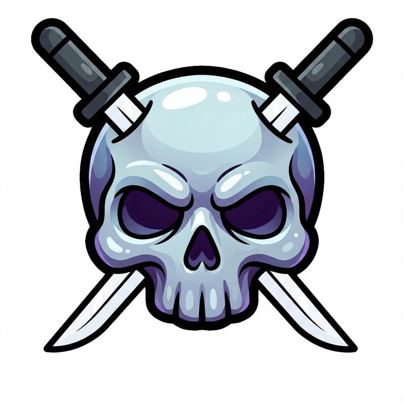 make the skull slightly more cartoonish and less realistic do not alter the appearance of the katanas also give the skull a thick black outline also make make the coloring cooler and the skull insanely cartoonish not just one solid color

The attached image represents the overall artistic style and aesthetic. Use it as a reference for visual consistency and design language. Do not replicate these images directly, but capture the general artistic direction and style.

General color scheme includes: #c82828, #f03c50, #505050, #dcdcdc, #8c143c

And follow these custom instructions: Create icons with a bold, modern cartoon-vector aesthetic. Use thick, clean outlines (preferably dark or black) to define shapes and provide strong contrast against vibrant fills. Maintain smooth, rounded corners and soft geometric forms—favor simplified silhouettes over intricate details.

Use a vivid, saturated color palette with high contrast between foreground and background elements. Incorporate subtle gradients and light reflections to add depth without overwhelming clarity.