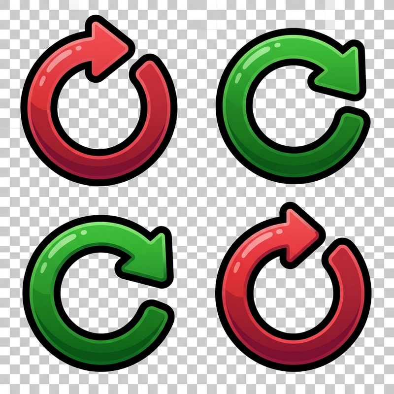 Create four vector retry buttons with no text or boxes confining them. Make them either red or green. Make sure there is no background. Make them cartoony with appealing coloring. Make sure the icon has only one arrow

The attached image represents the overall artistic style and aesthetic. Use it as a reference for visual consistency and design language. Do not replicate these images directly, but capture the general artistic direction and style.

General color scheme includes: #c82828, #f03c50, #505050, #dcdcdc, #8c143c

And follow these custom instructions: Create icons with a bold, modern cartoon-vector aesthetic. Use thick, clean outlines (preferably dark or black) to define shapes and provide strong contrast against vibrant fills. Maintain smooth, rounded corners and soft geometric forms—favor simplified silhouettes over intricate details.

Use a vivid, saturated color palette with high contrast between foreground and background elements. Incorporate subtle gradients and light reflections to add depth without overwhelming clarity.