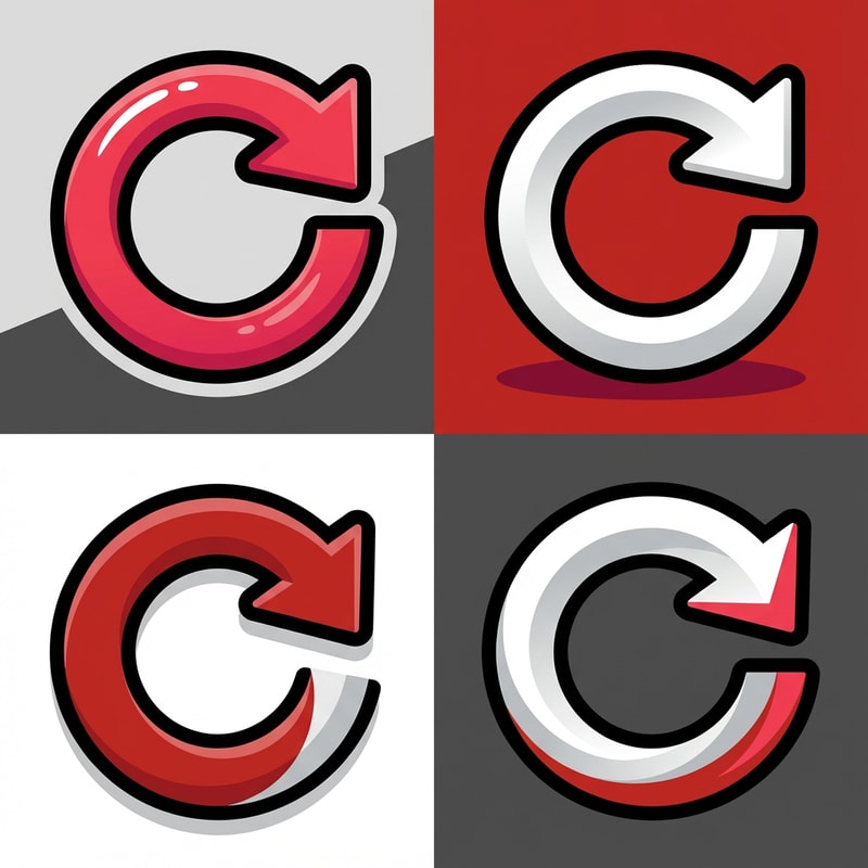 create 4 vector retry buttons with no text or boxes confining it

The attached image represents the overall artistic style and aesthetic. Use it as a reference for visual consistency and design language. Do not replicate these images directly, but capture the general artistic direction and style.

General color scheme includes: #c82828, #f03c50, #505050, #dcdcdc, #8c143c

And follow these custom instructions: Create icons with a bold, modern cartoon-vector aesthetic. Use thick, clean outlines (preferably dark or black) to define shapes and provide strong contrast against vibrant fills. Maintain smooth, rounded corners and soft geometric forms—favor simplified silhouettes over intricate details.

Use a vivid, saturated color palette with high contrast between foreground and background elements. Incorporate subtle gradients and light reflections to add depth without overwhelming clarity.