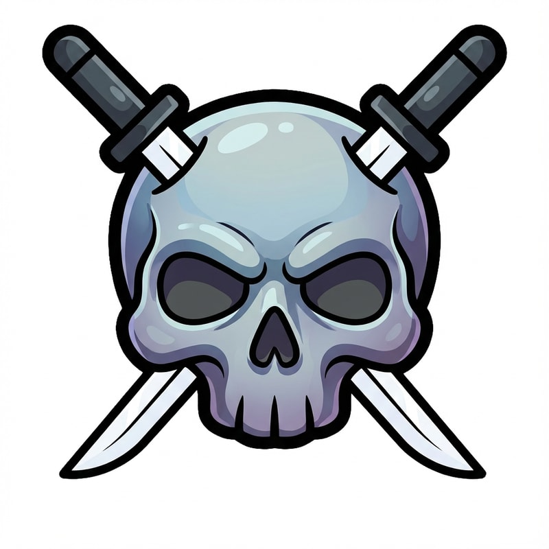 make the skull slightly more cartoonish and less realistic do not alter the appearance of the katanas also give the skull a thick black outline also make make the coloring cooler and the skull more cartoonish not just one solid color

The attached image represents the overall artistic style and aesthetic. Use it as a reference for visual consistency and design language. Do not replicate these images directly, but capture the general artistic direction and style.

General color scheme includes: #c82828, #f03c50, #505050, #dcdcdc, #8c143c

And follow these custom instructions: Create icons with a bold, modern cartoon-vector aesthetic. Use thick, clean outlines (preferably dark or black) to define shapes and provide strong contrast against vibrant fills. Maintain smooth, rounded corners and soft geometric forms—favor simplified silhouettes over intricate details.

Use a vivid, saturated color palette with high contrast between foreground and background elements. Incorporate subtle gradients and light reflections to add depth without overwhelming clarity.