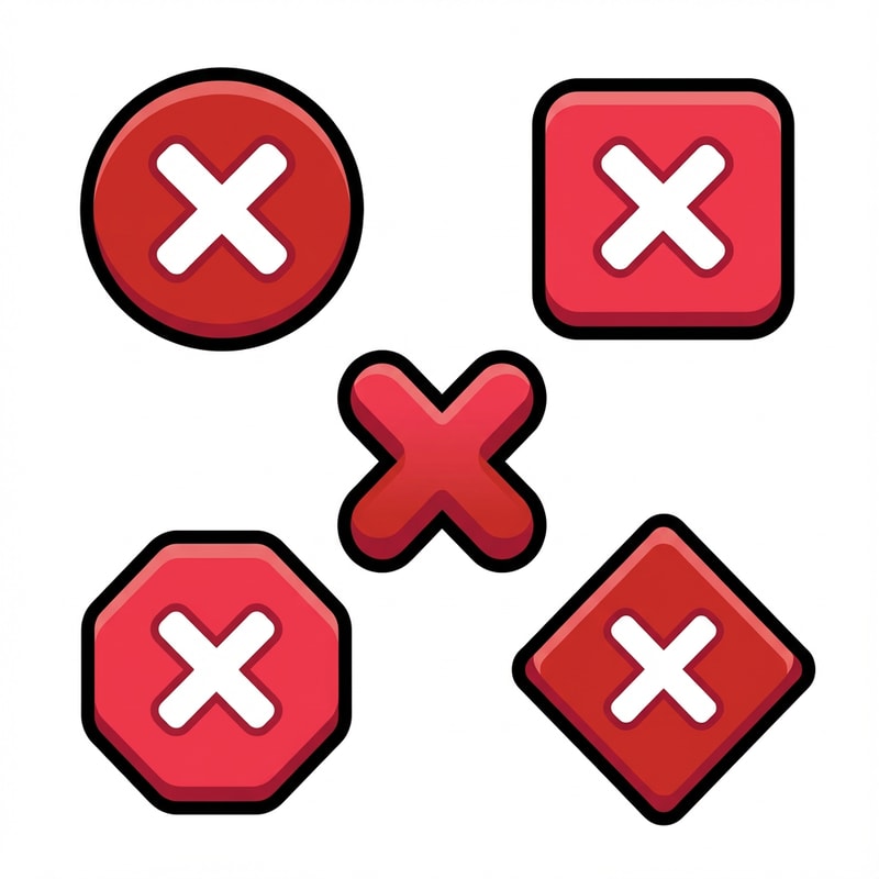 recreate 5 different X buttons

The attached image represents the overall artistic style and aesthetic. Use it as a reference for visual consistency and design language. Do not replicate these images directly, but capture the general artistic direction and style.

General color scheme includes: #c82828, #f03c50, #505050, #dcdcdc, #8c143c

And follow these custom instructions: Create icons with a bold, modern cartoon-vector aesthetic. Use thick, clean outlines (preferably dark or black) to define shapes and provide strong contrast against vibrant fills. Maintain smooth, rounded corners and soft geometric forms—favor simplified silhouettes over intricate details.

Use a vivid, saturated color palette with high contrast between foreground and background elements. Incorporate subtle gradients and light reflections to add depth without overwhelming clarity.