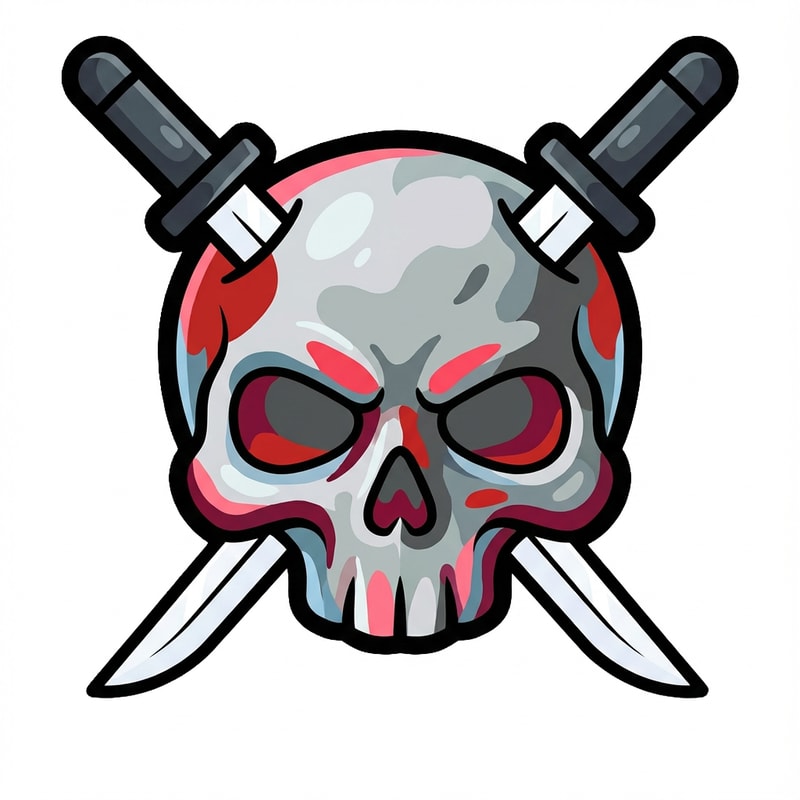 make the skull slightly more cartoonish and less realistic do not alter the appearance of the katanas also give the skull a thick black outline also make make the coloring cooler and the skull insanely cartoonish not just one solid color

The attached image represents the overall artistic style and aesthetic. Use it as a reference for visual consistency and design language. Do not replicate these images directly, but capture the general artistic direction and style.

General color scheme includes: #c82828, #f03c50, #505050, #dcdcdc, #8c143c

And follow these custom instructions: Create icons with a bold, modern cartoon-vector aesthetic. Use thick, clean outlines (preferably dark or black) to define shapes and provide strong contrast against vibrant fills. Maintain smooth, rounded corners and soft geometric forms—favor simplified silhouettes over intricate details.

Use a vivid, saturated color palette with high contrast between foreground and background elements. Incorporate subtle gradients and light reflections to add depth without overwhelming clarity.