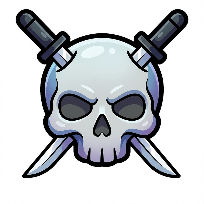 make the skull slightly more cartoonish and less realistic do not alter the appearance of the katanas also give the skull a thick black outline also make make the coloring cooler and the skull more cartoonish not just one solid color

The attached image represents the overall artistic style and aesthetic. Use it as a reference for visual consistency and design language. Do not replicate these images directly, but capture the general artistic direction and style.

General color scheme includes: #c82828, #f03c50, #505050, #dcdcdc, #8c143c

And follow these custom instructions: Create icons with a bold, modern cartoon-vector aesthetic. Use thick, clean outlines (preferably dark or black) to define shapes and provide strong contrast against vibrant fills. Maintain smooth, rounded corners and soft geometric forms—favor simplified silhouettes over intricate details.

Use a vivid, saturated color palette with high contrast between foreground and background elements. Incorporate subtle gradients and light reflections to add depth without overwhelming clarity.
