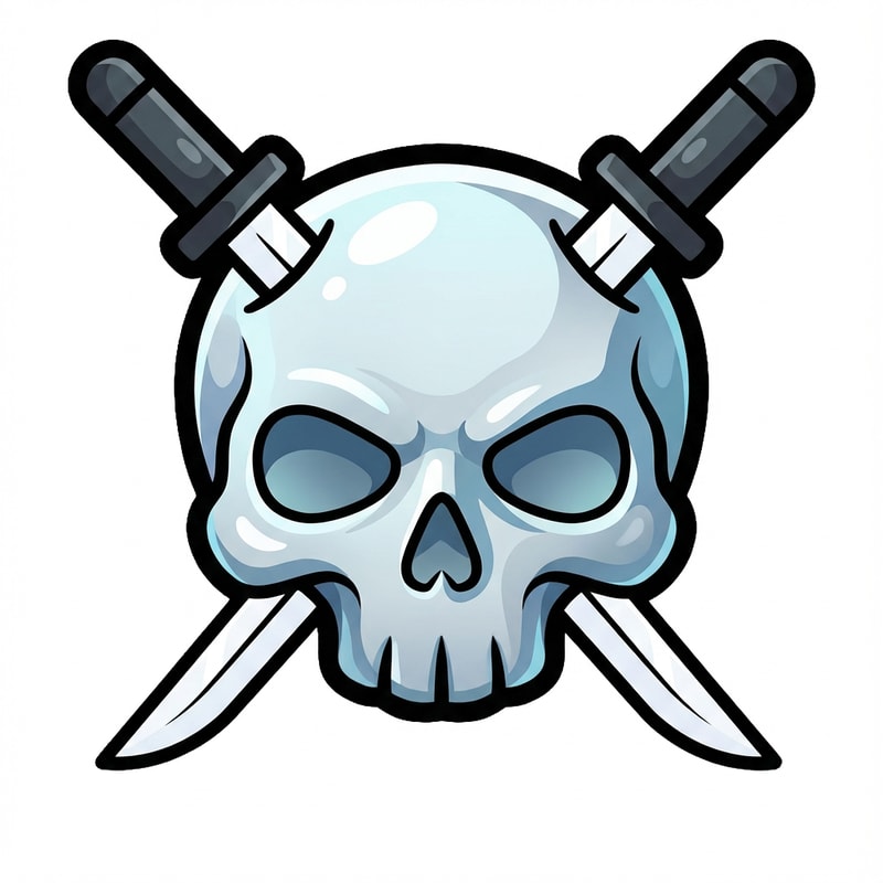 make the skull slightly more cartoonish and less realistic do not alter the appearance of the katanas also give the skull a thick black outline also make make the coloring cooler and more cartoonish not just one solid color

The attached image represents the overall artistic style and aesthetic. Use it as a reference for visual consistency and design language. Do not replicate these images directly, but capture the general artistic direction and style.

General color scheme includes: #c82828, #f03c50, #505050, #dcdcdc, #8c143c

And follow these custom instructions: Create icons with a bold, modern cartoon-vector aesthetic. Use thick, clean outlines (preferably dark or black) to define shapes and provide strong contrast against vibrant fills. Maintain smooth, rounded corners and soft geometric forms—favor simplified silhouettes over intricate details.

Use a vivid, saturated color palette with high contrast between foreground and background elements. Incorporate subtle gradients and light reflections to add depth without overwhelming clarity.