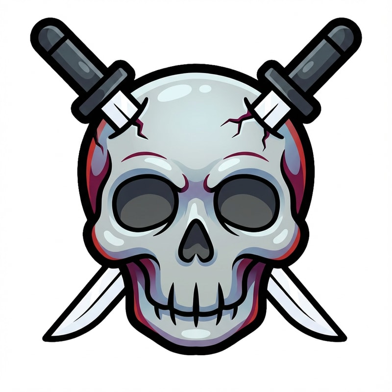 make the skull slightly more cartoonish and less realistic do not alter the appearance of the katanas also give the skull a thick black outline also make make the coloring cooler and the skull more cartoonish not just one solid color

The attached image represents the overall artistic style and aesthetic. Use it as a reference for visual consistency and design language. Do not replicate these images directly, but capture the general artistic direction and style.

General color scheme includes: #c82828, #f03c50, #505050, #dcdcdc, #8c143c

And follow these custom instructions: Create icons with a bold, modern cartoon-vector aesthetic. Use thick, clean outlines (preferably dark or black) to define shapes and provide strong contrast against vibrant fills. Maintain smooth, rounded corners and soft geometric forms—favor simplified silhouettes over intricate details.

Use a vivid, saturated color palette with high contrast between foreground and background elements. Incorporate subtle gradients and light reflections to add depth without overwhelming clarity.
