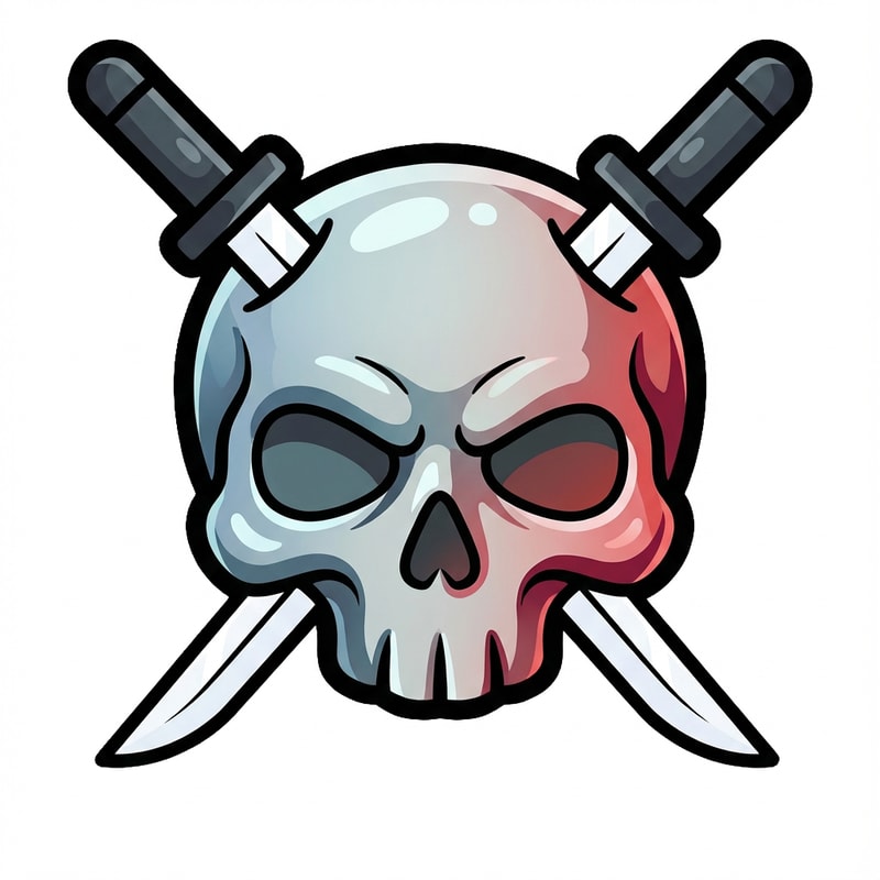 make the skull slightly more cartoonish and less realistic do not alter the appearance of the katanas also give the skull a thick black outline also make make the coloring cooler and the skull insanely cartoonish not just one solid color

The attached image represents the overall artistic style and aesthetic. Use it as a reference for visual consistency and design language. Do not replicate these images directly, but capture the general artistic direction and style.

General color scheme includes: #c82828, #f03c50, #505050, #dcdcdc, #8c143c

And follow these custom instructions: Create icons with a bold, modern cartoon-vector aesthetic. Use thick, clean outlines (preferably dark or black) to define shapes and provide strong contrast against vibrant fills. Maintain smooth, rounded corners and soft geometric forms—favor simplified silhouettes over intricate details.

Use a vivid, saturated color palette with high contrast between foreground and background elements. Incorporate subtle gradients and light reflections to add depth without overwhelming clarity.