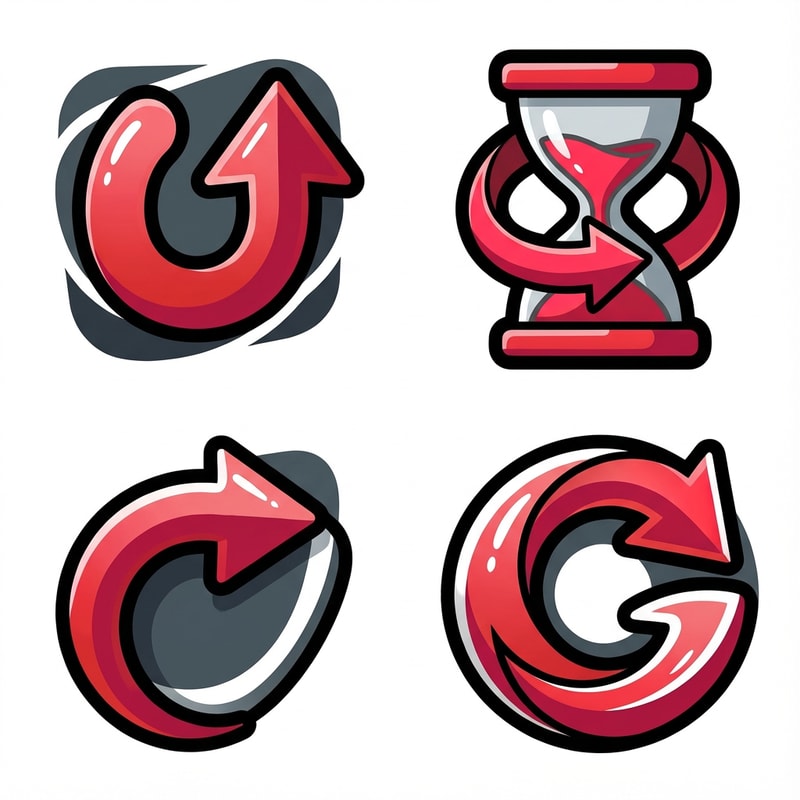 Create three separate retry buttons. cartoonish with no square or circle and no text

The attached image represents the overall artistic style and aesthetic. Use it as a reference for visual consistency and design language. Do not replicate these images directly, but capture the general artistic direction and style.

General color scheme includes: #c82828, #f03c50, #505050, #dcdcdc, #8c143c

And follow these custom instructions: Create icons with a bold, modern cartoon-vector aesthetic. Use thick, clean outlines (preferably dark or black) to define shapes and provide strong contrast against vibrant fills. Maintain smooth, rounded corners and soft geometric forms—favor simplified silhouettes over intricate details.

Use a vivid, saturated color palette with high contrast between foreground and background elements. Incorporate subtle gradients and light reflections to add depth without overwhelming clarity.