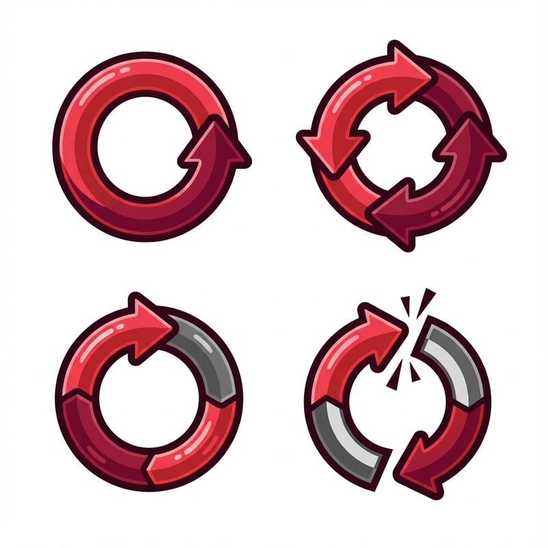 create 4 vector retry buttons with no text or boxes confining it

The attached image represents the overall artistic style and aesthetic. Use it as a reference for visual consistency and design language. Do not replicate these images directly, but capture the general artistic direction and style.

General color scheme includes: #c82828, #f03c50, #505050, #dcdcdc, #8c143c

And follow these custom instructions: Create icons with a bold, modern cartoon-vector aesthetic. Use thick, clean outlines (preferably dark or black) to define shapes and provide strong contrast against vibrant fills. Maintain smooth, rounded corners and soft geometric forms—favor simplified silhouettes over intricate details.

Use a vivid, saturated color palette with high contrast between foreground and background elements. Incorporate subtle gradients and light reflections to add depth without overwhelming clarity.