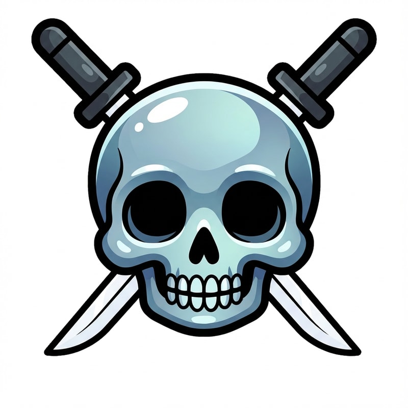 make the skull slightly more cartoonish and less realistic do not alter the appearance of the katanas also give the skull a thick black outline also make make the coloring cooler and more cartoonish not just one solid color

The attached image represents the overall artistic style and aesthetic. Use it as a reference for visual consistency and design language. Do not replicate these images directly, but capture the general artistic direction and style.

General color scheme includes: #c82828, #f03c50, #505050, #dcdcdc, #8c143c

And follow these custom instructions: Create icons with a bold, modern cartoon-vector aesthetic. Use thick, clean outlines (preferably dark or black) to define shapes and provide strong contrast against vibrant fills. Maintain smooth, rounded corners and soft geometric forms—favor simplified silhouettes over intricate details.

Use a vivid, saturated color palette with high contrast between foreground and background elements. Incorporate subtle gradients and light reflections to add depth without overwhelming clarity.