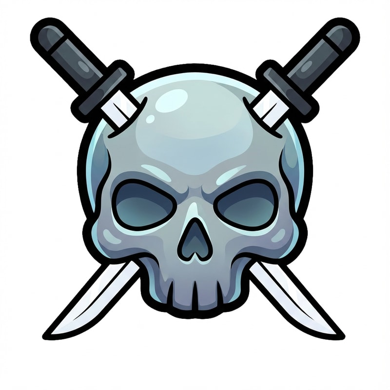 make the skull slightly more cartoonish and less realistic do not alter the appearance of the katanas also give the skull a thick black outline also make make the coloring cooler and the skull more cartoonish not just one solid color

The attached image represents the overall artistic style and aesthetic. Use it as a reference for visual consistency and design language. Do not replicate these images directly, but capture the general artistic direction and style.

General color scheme includes: #c82828, #f03c50, #505050, #dcdcdc, #8c143c

And follow these custom instructions: Create icons with a bold, modern cartoon-vector aesthetic. Use thick, clean outlines (preferably dark or black) to define shapes and provide strong contrast against vibrant fills. Maintain smooth, rounded corners and soft geometric forms—favor simplified silhouettes over intricate details.

Use a vivid, saturated color palette with high contrast between foreground and background elements. Incorporate subtle gradients and light reflections to add depth without overwhelming clarity.