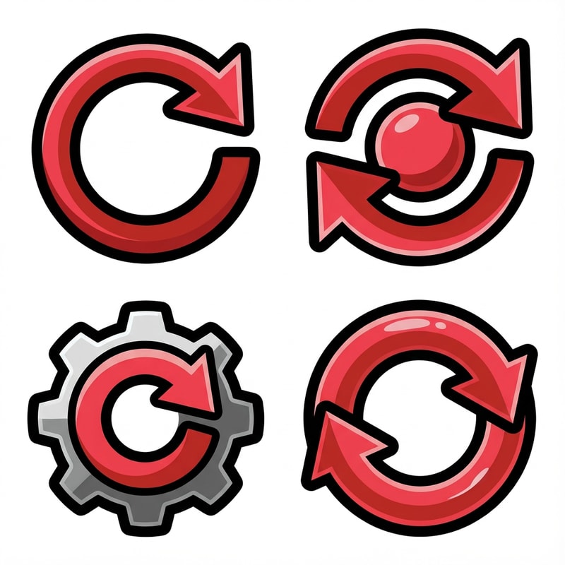 create 4 vector retry buttons with no text or boxes confining it

The attached image represents the overall artistic style and aesthetic. Use it as a reference for visual consistency and design language. Do not replicate these images directly, but capture the general artistic direction and style.

General color scheme includes: #c82828, #f03c50, #505050, #dcdcdc, #8c143c

And follow these custom instructions: Create icons with a bold, modern cartoon-vector aesthetic. Use thick, clean outlines (preferably dark or black) to define shapes and provide strong contrast against vibrant fills. Maintain smooth, rounded corners and soft geometric forms—favor simplified silhouettes over intricate details.

Use a vivid, saturated color palette with high contrast between foreground and background elements. Incorporate subtle gradients and light reflections to add depth without overwhelming clarity.