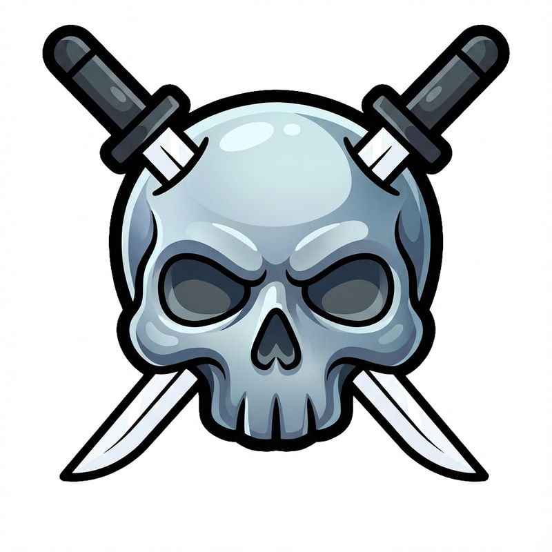 make the skull slightly more cartoonish and less realistic do not alter the appearance of the katanas also give the skull a thick black outline also make make the coloring cooler and the skull more cartoonish not just one solid color

The attached image represents the overall artistic style and aesthetic. Use it as a reference for visual consistency and design language. Do not replicate these images directly, but capture the general artistic direction and style.

General color scheme includes: #c82828, #f03c50, #505050, #dcdcdc, #8c143c

And follow these custom instructions: Create icons with a bold, modern cartoon-vector aesthetic. Use thick, clean outlines (preferably dark or black) to define shapes and provide strong contrast against vibrant fills. Maintain smooth, rounded corners and soft geometric forms—favor simplified silhouettes over intricate details.

Use a vivid, saturated color palette with high contrast between foreground and background elements. Incorporate subtle gradients and light reflections to add depth without overwhelming clarity.
