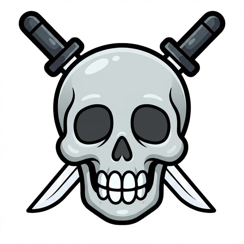 make the skull slightly more cartoonish do not alter the appearance of the katanas

The attached image represents the overall artistic style and aesthetic. Use it as a reference for visual consistency and design language. Do not replicate these images directly, but capture the general artistic direction and style.

General color scheme includes: #c82828, #f03c50, #505050, #dcdcdc, #8c143c

And follow these custom instructions: Create icons with a bold, modern cartoon-vector aesthetic. Use thick, clean outlines (preferably dark or black) to define shapes and provide strong contrast against vibrant fills. Maintain smooth, rounded corners and soft geometric forms—favor simplified silhouettes over intricate details.

Use a vivid, saturated color palette with high contrast between foreground and background elements. Incorporate subtle gradients and light reflections to add depth without overwhelming clarity.