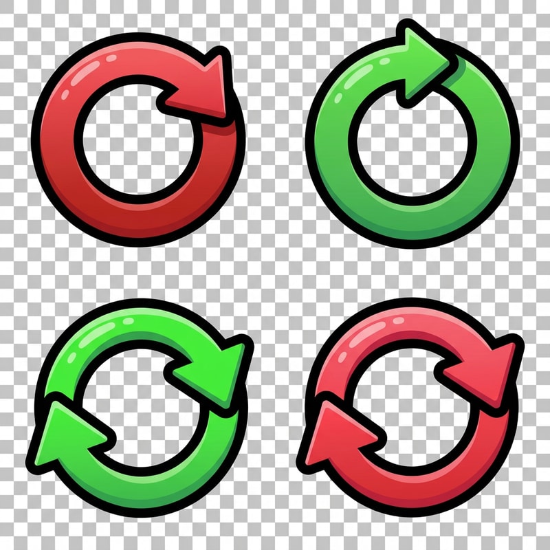 create 4 vector retry buttons with no text or boxes confining it make it either red or green make sure theres no background and make them cartoony with appealing coloring

The attached image represents the overall artistic style and aesthetic. Use it as a reference for visual consistency and design language. Do not replicate these images directly, but capture the general artistic direction and style.

General color scheme includes: #c82828, #f03c50, #505050, #dcdcdc, #8c143c

And follow these custom instructions: Create icons with a bold, modern cartoon-vector aesthetic. Use thick, clean outlines (preferably dark or black) to define shapes and provide strong contrast against vibrant fills. Maintain smooth, rounded corners and soft geometric forms—favor simplified silhouettes over intricate details.

Use a vivid, saturated color palette with high contrast between foreground and background elements. Incorporate subtle gradients and light reflections to add depth without overwhelming clarity.