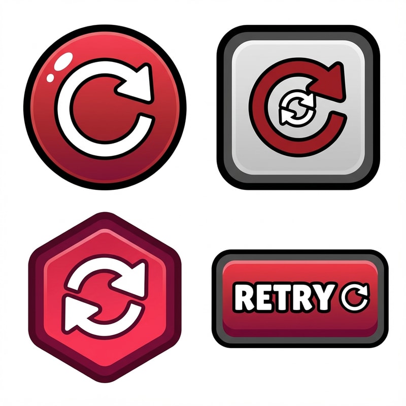 create 4 vector retry buttons

The attached image represents the overall artistic style and aesthetic. Use it as a reference for visual consistency and design language. Do not replicate these images directly, but capture the general artistic direction and style.

General color scheme includes: #c82828, #f03c50, #505050, #dcdcdc, #8c143c

And follow these custom instructions: Create icons with a bold, modern cartoon-vector aesthetic. Use thick, clean outlines (preferably dark or black) to define shapes and provide strong contrast against vibrant fills. Maintain smooth, rounded corners and soft geometric forms—favor simplified silhouettes over intricate details.

Use a vivid, saturated color palette with high contrast between foreground and background elements. Incorporate subtle gradients and light reflections to add depth without overwhelming clarity.