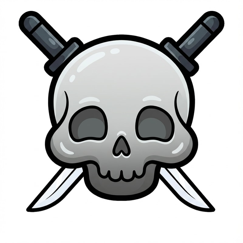 make the skull slightly more cartoonish and less realistic do not alter the appearance of the katanas also give the skull a thick black outline

The attached image represents the overall artistic style and aesthetic. Use it as a reference for visual consistency and design language. Do not replicate these images directly, but capture the general artistic direction and style.

General color scheme includes: #c82828, #f03c50, #505050, #dcdcdc, #8c143c

And follow these custom instructions: Create icons with a bold, modern cartoon-vector aesthetic. Use thick, clean outlines (preferably dark or black) to define shapes and provide strong contrast against vibrant fills. Maintain smooth, rounded corners and soft geometric forms—favor simplified silhouettes over intricate details.

Use a vivid, saturated color palette with high contrast between foreground and background elements. Incorporate subtle gradients and light reflections to add depth without overwhelming clarity.