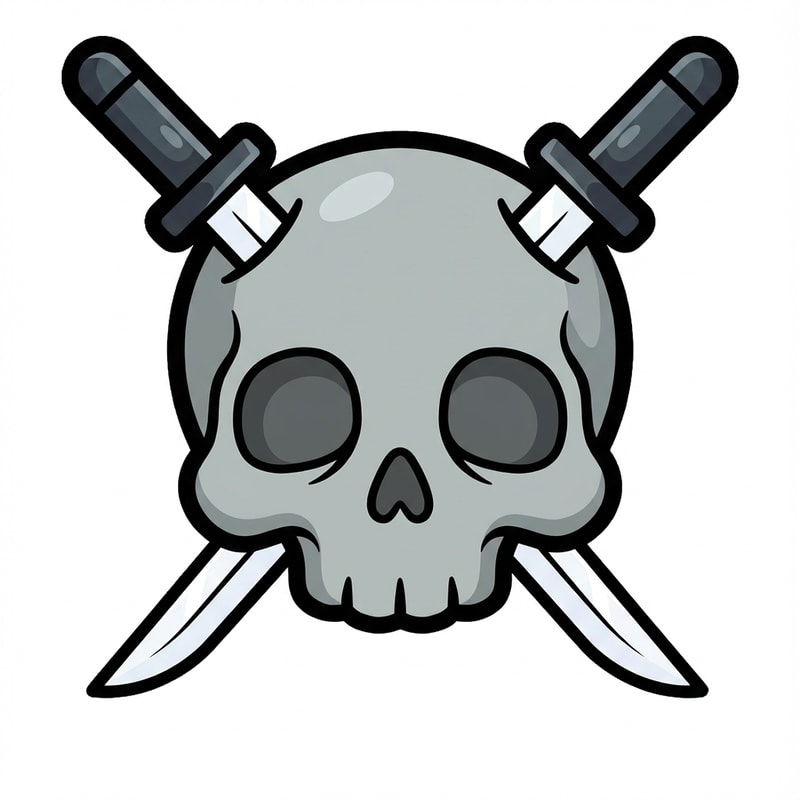 make the skull slightly more cartoonish and less realistic do not alter the appearance of the katanas also give the skull a thick black outline

The attached image represents the overall artistic style and aesthetic. Use it as a reference for visual consistency and design language. Do not replicate these images directly, but capture the general artistic direction and style.

General color scheme includes: #c82828, #f03c50, #505050, #dcdcdc, #8c143c

And follow these custom instructions: Create icons with a bold, modern cartoon-vector aesthetic. Use thick, clean outlines (preferably dark or black) to define shapes and provide strong contrast against vibrant fills. Maintain smooth, rounded corners and soft geometric forms—favor simplified silhouettes over intricate details.

Use a vivid, saturated color palette with high contrast between foreground and background elements. Incorporate subtle gradients and light reflections to add depth without overwhelming clarity.