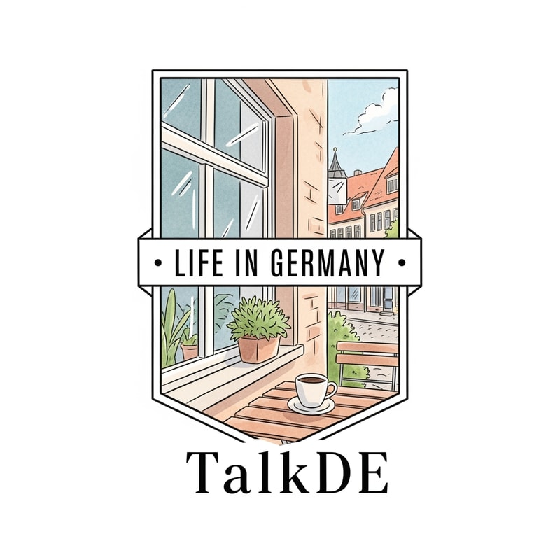 different type of emblem-style logo for a vlog channel. The logo includes the text "Life in Germany". The illustration shows a peaceful German street scene with a small Korean flag heart and a coffee mug. Soft watercolor texture, pastel tones, hand-drawn feel. It should evoke a sense of "quietly meaningful" daily life. the channel name is TalkDE without korean flag and more attractive like 100million youtuber style