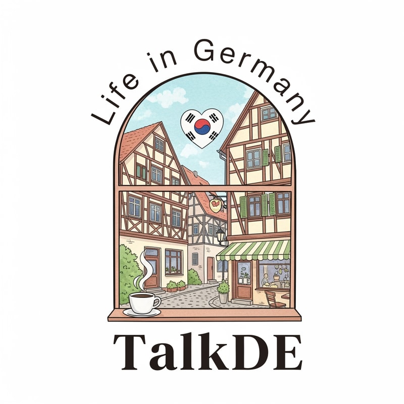 A warm and cozy emblem-style logo for a vlog channel. The logo includes the text "Life in Germany". The illustration shows a peaceful German street scene with a small Korean flag heart and a coffee mug. Soft watercolor texture, pastel tones, hand-drawn feel. It should evoke a sense of "quietly meaningful" daily life. the channel name is TalkDE without korean flag and more attractive like 100million youtuber style