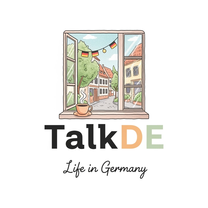 A warm and cozy emblem-style logo for a vlog channel. The logo includes the text "Life in Germany". The illustration shows a peaceful German street scene with a small Korean flag heart and a coffee mug. Soft watercolor texture, pastel tones, hand-drawn feel. It should evoke a sense of "quietly meaningful" daily life. the channel name is TalkDE without korean flag and more attractive like 100million youtuber style