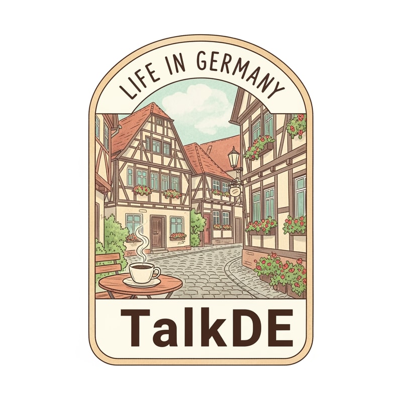 A warm and cozy emblem-style logo for a vlog channel. The logo includes the text "Life in Germany". The illustration shows a peaceful German street scene with a small Korean flag heart and a coffee mug. Soft watercolor texture, pastel tones, hand-drawn feel. It should evoke a sense of "quietly meaningful" daily life. the channel name is TalkDE without korean flag and more attractive like 100million youtuber style