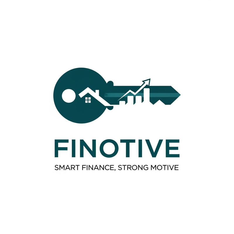A clever negative space logo for "Finotive". The main shape is a professional "Key" (symbolizing solutions and access to loans). Inside the "teeth" of the key, there are three bars of a growth chart (symbolizing auditing and startup scaling). The handle of the key looks like a house silhouette (mortgages). Sophisticated and simple. Colors: Deep Teal and White. Text: "Finotive" in a strong modern font, tagline "Smart Finance, Strong Motive" below. Flat design, iconic.