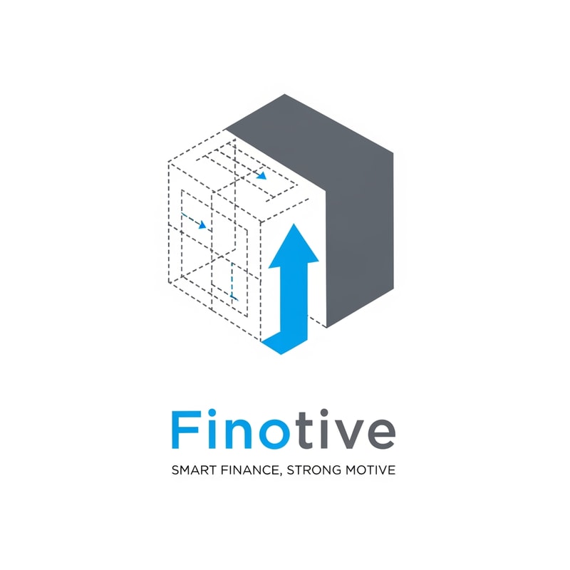 A minimalist logo for "Finotive". The icon is a stylized geometric cube where the left side is a dotted "blueprint" line (representing startup planning and auditing) and the right side is a solid, bold structure (representing loans and established business solutions). The two sides are joined by a central upward arrow. Clean, professional sans-serif typography with the tagline "Smart Finance, Strong Motive" underneath. Colors: Electric Blue and Slate Grey. Flat vector, white background.