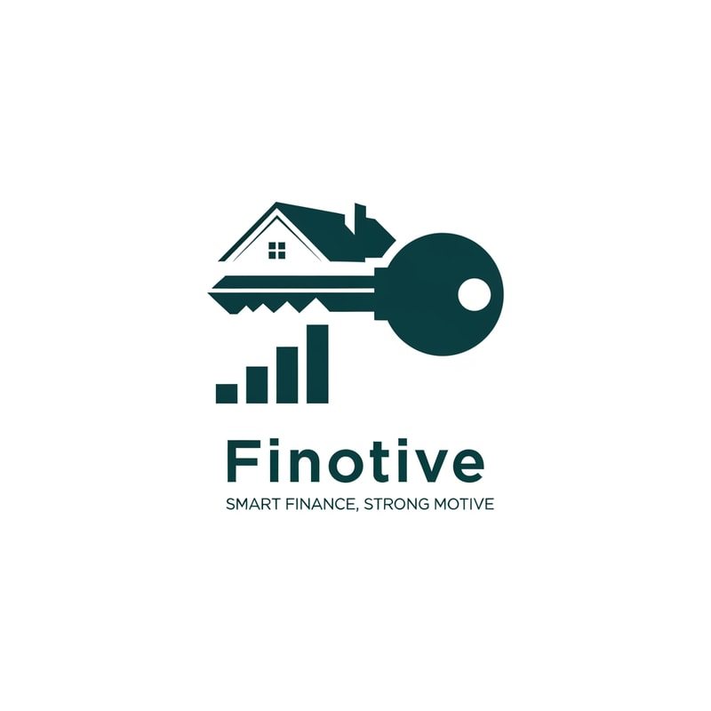 A clever negative space logo featuring a professional key icon where the handle is integrated into a minimalist house silhouette and the teeth are formed by three ascending bars of a growth chart — Centered and balanced vector composition with the text "Finotive" in a strong modern font and the tagline "Smart Finance, Strong Motive" positioned directly below, Sophisticated deep teal and white, Clean and professional corporate mood, Flat minimalist graphic design with iconic negative space elements, No 3D effects or gradients; keep the text "Finotive" and "Smart Finance, Strong Motive" EXACTLY unchanged; no rewriting, redrawing, correcting, or adding any text, Solid white background.