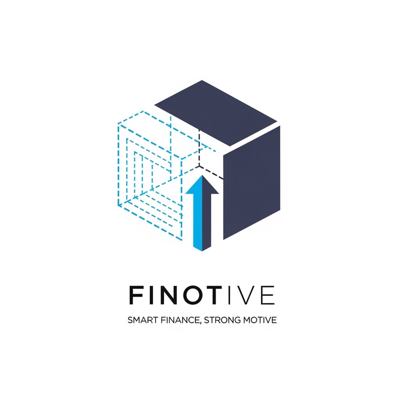 A minimalist logo for "Finotive". The icon is a stylized geometric cube where the left side is a dotted "blueprint" line (representing startup planning and auditing) and the right side is a solid, bold structure (representing loans and established business solutions). The two sides are joined by a central upward arrow. Clean, professional sans-serif typography with the tagline "Smart Finance, Strong Motive" underneath. Colors: Electric Blue and Slate Grey. Flat vector, white background.