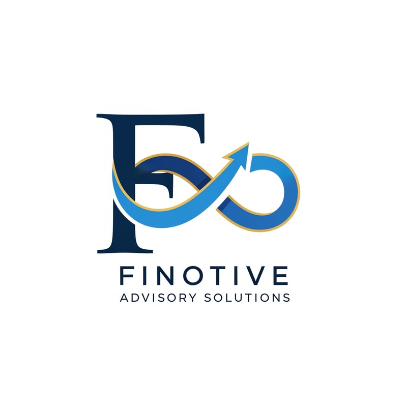 Premium logo for Finotive Advisory Solutions, stylized F merging into infinity symbol, subtle upward arrow hidden in the curve, clean sans serif typography below, flat navy and royal blue palette with gold accent, minimal financial branding, elegant vector logo, no 3D effects, no heavy gradients, white background, scalable and professional